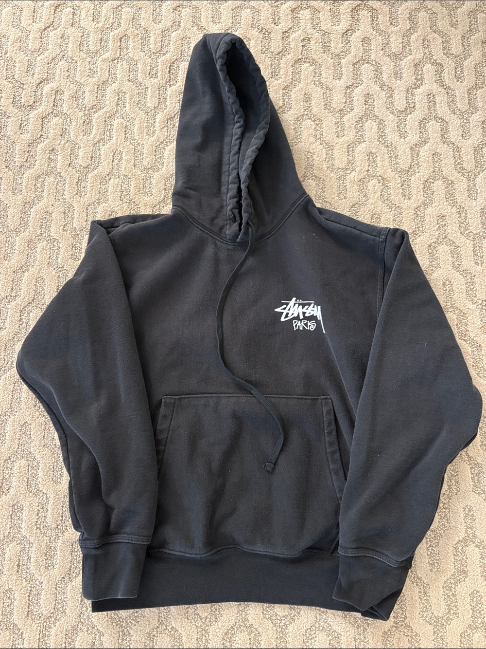 Stussy Size S Black Hoodie with Stussy Paris logo